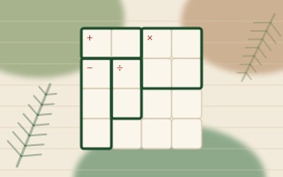 Calcudoku-Kachel: das Motiv des Spiels in Holztönen und Grün.